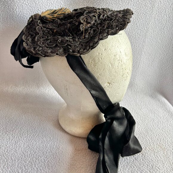 Antique Victorian Black Woven Ribbon Bonnet with Wheat Accents main image 8